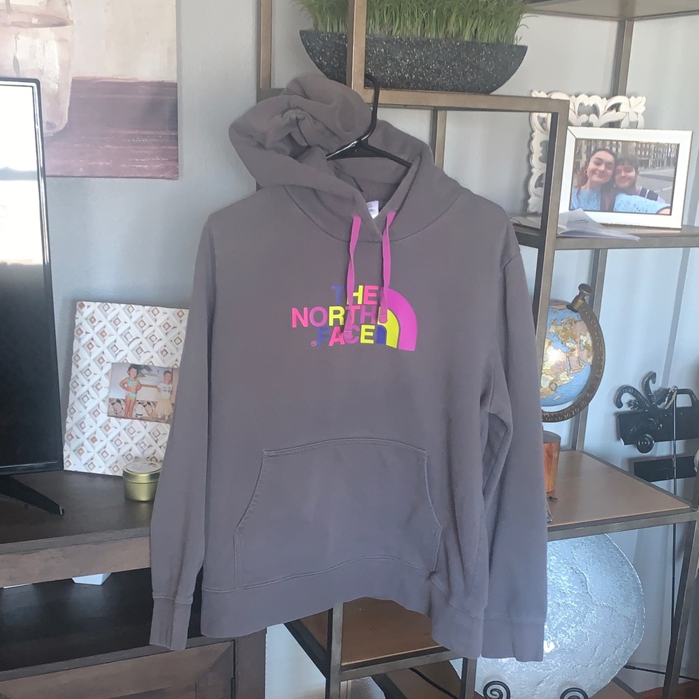 The North Face Gray Hoodie with Pink and Yellow Logo